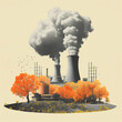 © AnArtificialWonder - Nuclear Energy Smoke Stacks Surrounded by Nature - Vintage Retro Collage Style - Renewable and Carbon Free Energy Concept for Climate Change - Generative AI