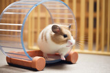 Fototapeta  - A hamster running on a wheel in its cage, reflecting the popularity of small rodents as low-maintenance and interactive pets, generative AI