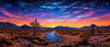 Illustration Of Desert Joshua Trees In Joshua Tree National Park In California. The Sunset Sky Is Colorful And Full Of Stars. Perfect For A Summer Vacation.
