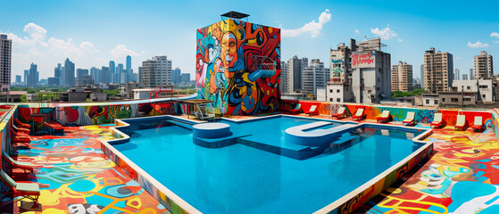 an edgy swimming pool complex in the downtown area of the city. it has a lot of urban colorful graff