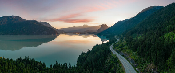 sea to sky highway on pacific ocean west coast. aerial panorama.