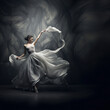 © Sasint - Ballerina Dancing with Silk Fabric, Modern Ballet Dancer in Fluttering Waving Cloth, Pointe Shoes, Gray Background