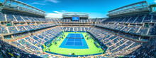 Perspective Of Arthur Ashe Stadium With Fans. US Open Tennis Tournament Finals On Blue And Green Court. Generative Ai Content