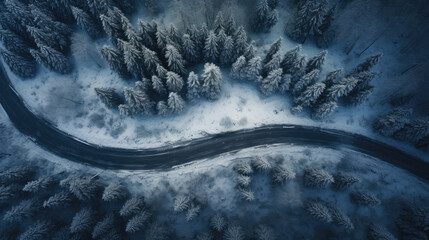 Forest in snow. Snowy forest road. Forest road from above