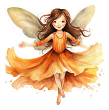 A Watercolor Illustration Of A Little Fairy In A Rustic Orange Dress And Rustic Orange Wings Isolated.