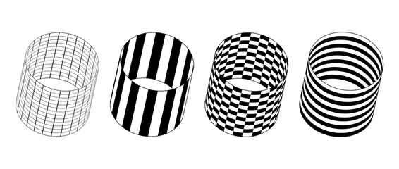 Poster - Collection of cylinder with different patterns. Wireframe, striped and checkered 3d tubes set. Black and white geometric elements for design templates, icons, logo. Abstract vector tunnels pack