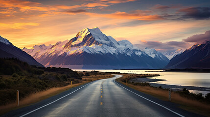 The road to Mount Cook Aoraki high peak mountain New Zealand