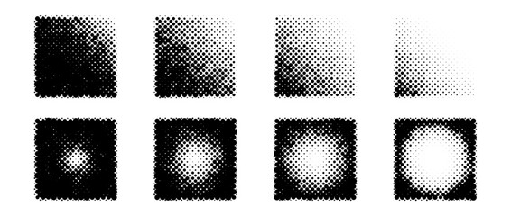 Aufkleber - Halftone gradient square shapes set. Dotted textured cubes collection. Round and linear fading gradient in comic and pop art style. Black design elements bundle. Pixelated background pack. Vector