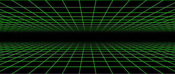 Wall Mural - Neon green flat wireframe grid. Vanishing checkered floor and ceiling concept. Horizontal chessboard planes fading in perspective. Top and bottom lattice surface background. Abstract vector 