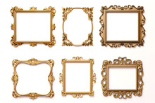 Image Of Picture Gold Frames Collection On A White Background. Illustration, Generative AI.