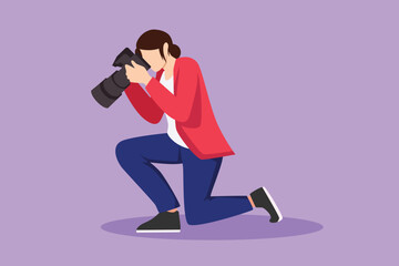 Wall Mural - Character flat drawing woman photographer kneeling and taking pictures. Photo equipment for journalist. Camera digital with high resolution. Studio photography logo. Cartoon design vector illustration