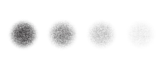 Poster - Set of circle stippled texture. Black dotted gritty round element collection. Fading noise grain dot work shapes. Vanishing half tones and shadows effect illustration bundle. Vector pack