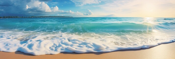 Wall Mural - Tropical ocean beach waves. Seaside landscape with dreamy Caribbean shore in the tropics. Summer beach chair in the sand.