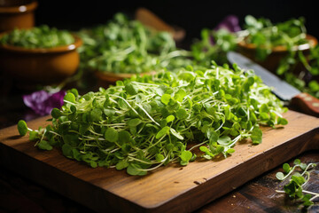 Canvas Print - Heap of microgreens on wooden cutting board, Generative AI