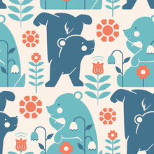 Nordic Seamless Pattern With Cute Funny Bear Cubs. Whimsy Stylized Tile Background For Home Decor, Nursery Baby Bedroom Decor, Adorable Fabric. Lagom Aesthetic. Scandinavian Folk Hygge Square Print.