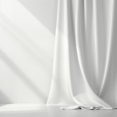Poster - Empty curtains window on white background. Mock up Product display with Generative Ai.