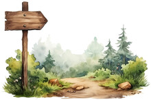 Watercolor Illustration Of A Trail In A Forest With Signboard Isolated On Transparent Background, Generative AI
