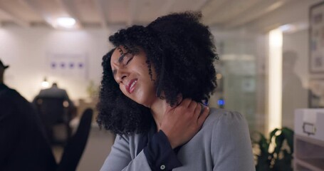 Aufkleber - Call center, tired and neck pain of a woman with a headset, stress and burnout while working late. Face of frustrated female consultant for telemarketing, customer service or crm support at help desk