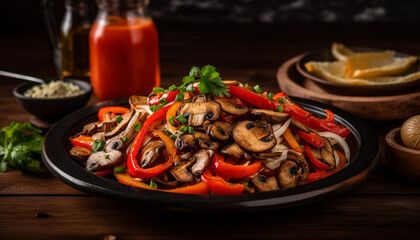 Canvas Print - Grilled meat and vegetables on rustic plate generated by AI