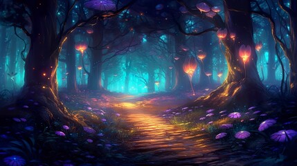 Wall Mural - Fantasy fairy tale background with forest and blooming path. Fabulous fairytale outdoor garden and moonlight background. AI Generative