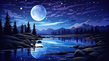 The Night Sky Features A Moonlit Lake With Stars And Rocks. (Generative AI)