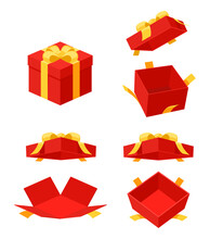 Open And Close A Mystery Red Gift Box With A Yellow Ribbon On White Background. Random Secret Loot Box Isometric Concept. Vector Illustration Cartoon Flat Design.