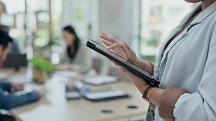 Poster - Business woman, hands and tablet in research, online browsing or project management at the office. Female person, employee or manager scrolling on technology for social media or data at the workplace