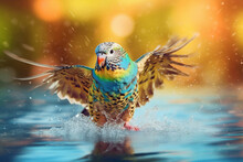 Blue Parakeet Flying Above Water Surface Create Water Splashes On Blurred Bokeh Background, Colorful Macaw Fly With A Lot Of Splashing Water, Isolated Yellow Background	