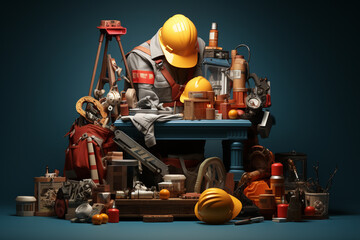 Set of construction tools and equipment on blue background. 3d illustration. Labor day concept