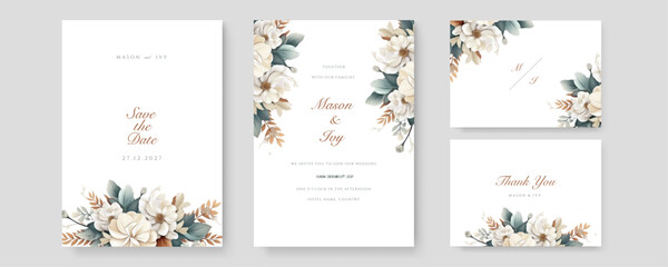 Fototapete - Premium wedding invitation template set with elegant brown leaves decoration. Botanic card design concept