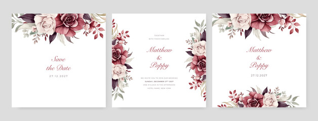 Beautiful art background vector. Luxury wedding invitation template set with floral frame Premium Vector.