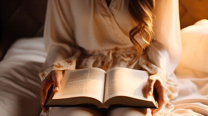 Poster - Young woman reading bible book. Worship at home. AI generated