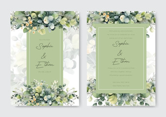 Wall Mural - elegant wedding invitation and menu template with leaves