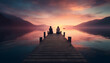 Romantic couple sits on jetty at sunrise generated by AI