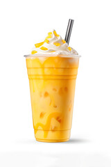 Wall Mural - Mango smoothie milkshake in plastic takeaway cup isolated on white background