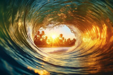 Sea Water Ocean Create Blue Wave Circle Surfing Reflect Sunset With Sun And Tree Silhouette In The Center, Summer Holiday Beach Vacation