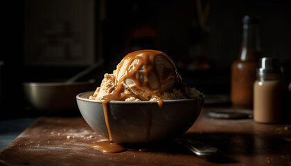 Rustic table holds homemade gourmet sweet dessert generated by AI