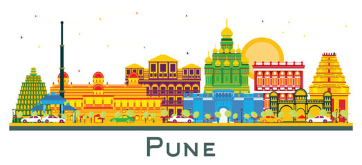 Wall Mural - Pune India City Skyline with Color Buildings Isolated on White.