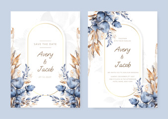 Fototapete - Universal floral art templates. Flowers, birds, bugs, leaves and twigs. For wedding invitation