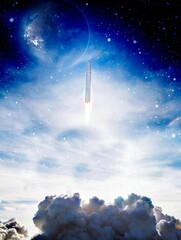 Wall Mural - dark space shuttle launch in the clouds with stars on background.spaceship flight. elements of this 