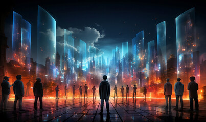 Wall Mural - Metaverse digital cyber world technology, People playing augmented reality game, futuristic lifestyle