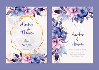 Spring and Summer Flower watercolor Wedding Invitation set, floral invite thank you, rsvp modern card Design leaf greenery branches with blue background decorative Vector elegant rustic template