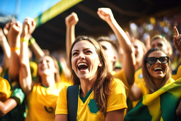women's soccer player wearing in colors vivid soccer uniform of australia on backdrop lively soccer 