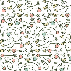 Wall Mural - Seamless pattern with a one-line pattern of love arrows. Lots of cupid's hearts and arrows. Pastel color palette. Vector decoration for wedding and Valentine's day. Printing on textiles, paper