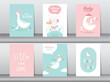 © issaystudio - Set of baby shower invitations cards with babies boy and girl,cute design,poster,template,storks,Vector illustrations.