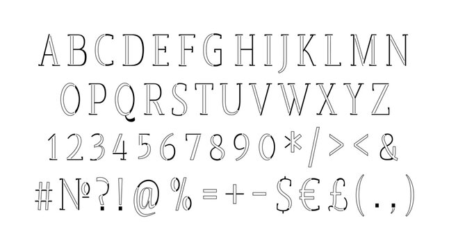 Formal classic line style alphabet set. Vector decorative typography. Decorative typeset style. Latin script for headers. Trendy letters and numbers for graphic posters, banners, invitations texts