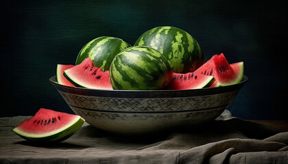 Canvas Print - Fresh watermelon slice, a sweet and juicy summer snack on table generated by AI