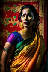 Wall Mural - Glamour shot of an Indian Bangladeshi Bengali woman dressed in colourful traditional saree. Generative AI.