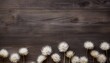 Dry white dandelions on wooden background. Flat lay, top view.