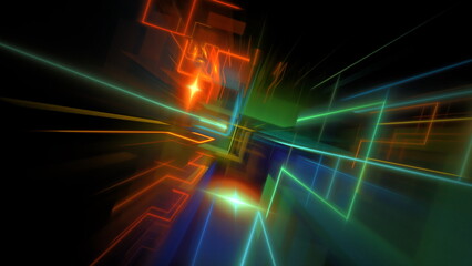 Fototapete - New digital technology background, dark neon light, motion blur, fantastical glow. 3d render
